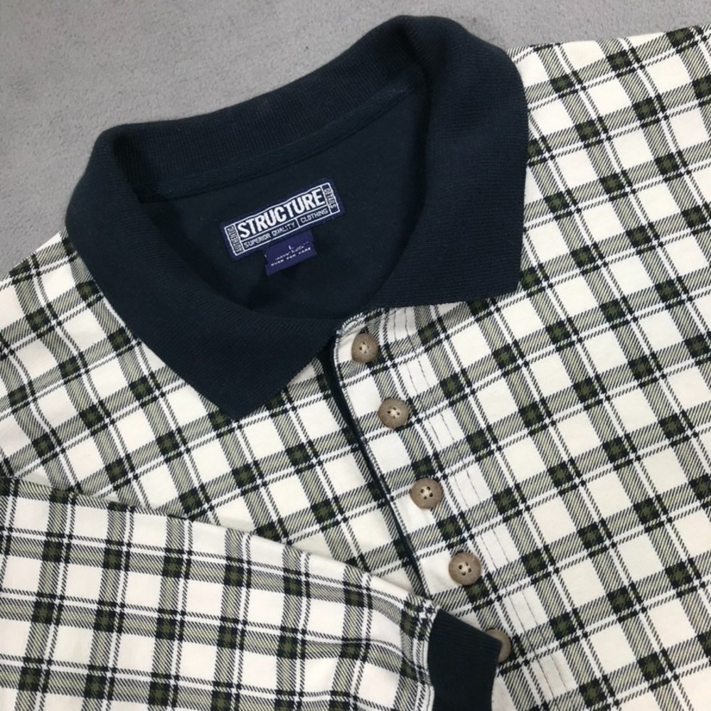 Vintage Strucrure Polo Shirt Men's Large Plaid 90s Y2K Loose Short Sleeve